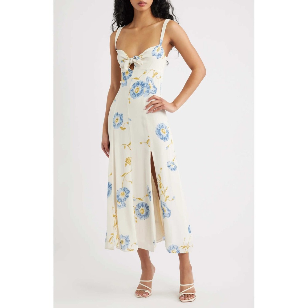 Reformation Women's Aislinn Floral Tie Front Midi Dress Ivory Blue 6 Romantic